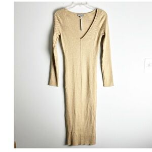 ASOS Design Dress V Neck Ribbed Tan Knit Midi Fitted Sweater Size US 4